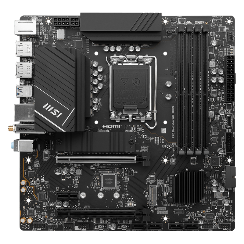 Материнская плата MSI PRO B760M-A WIFI DDR4 Soc-1700 Intel B760 4xDDR4 mATX AC`97 8ch(7.1) 2.5Gg+HDM