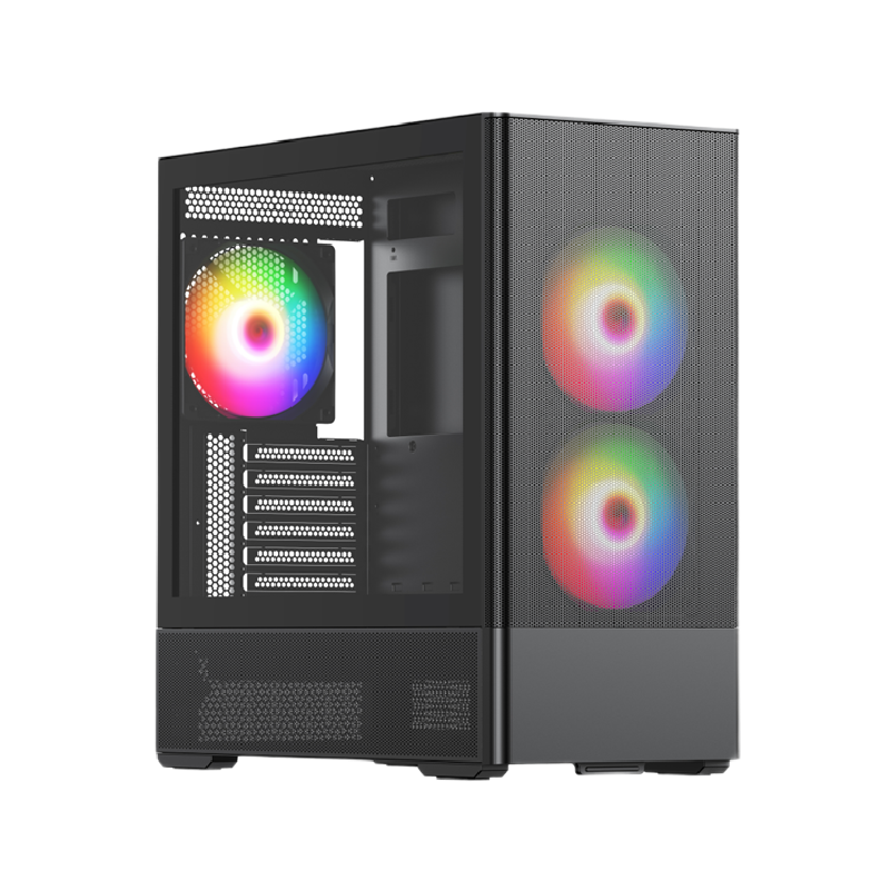 Корпус HSPD M712, Mesh Mid Tower, Black, TG, 0.6 SPCC, 3x140mm ARGB, E-ATX, ATX, mATX, mITX, 175/410