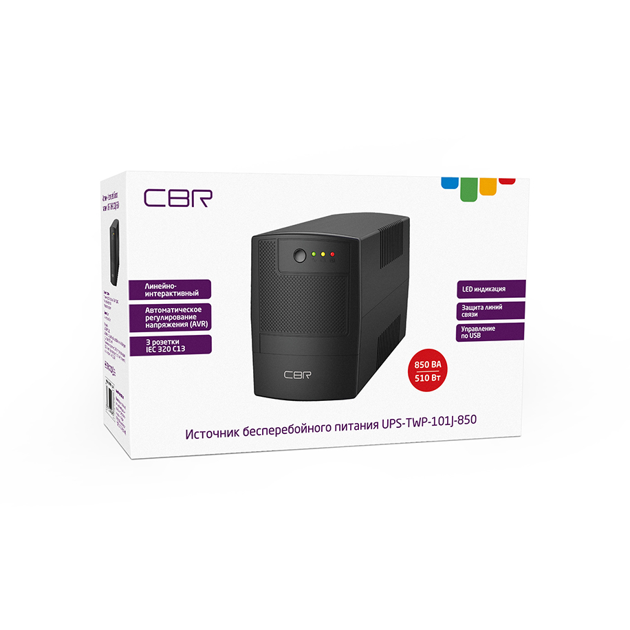 ИБП CBR [UPS-TWP-101J-850] 850VA/510W, IEC 320 C13 x3 outlets, LED, USB Type-B, RJ11/45 AVR, SEC, 12