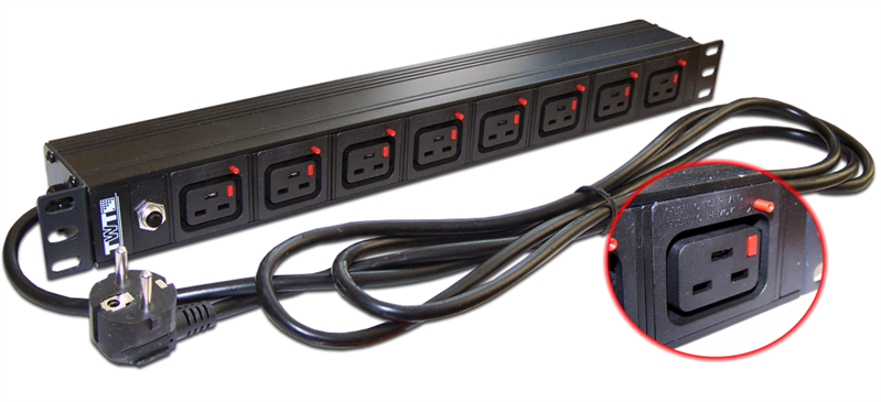 Блок розеток Блок розеток 19", 1-фазный без выключателя,16A / 250V, 8xC19 с фиксатором вилки, шнур 3
