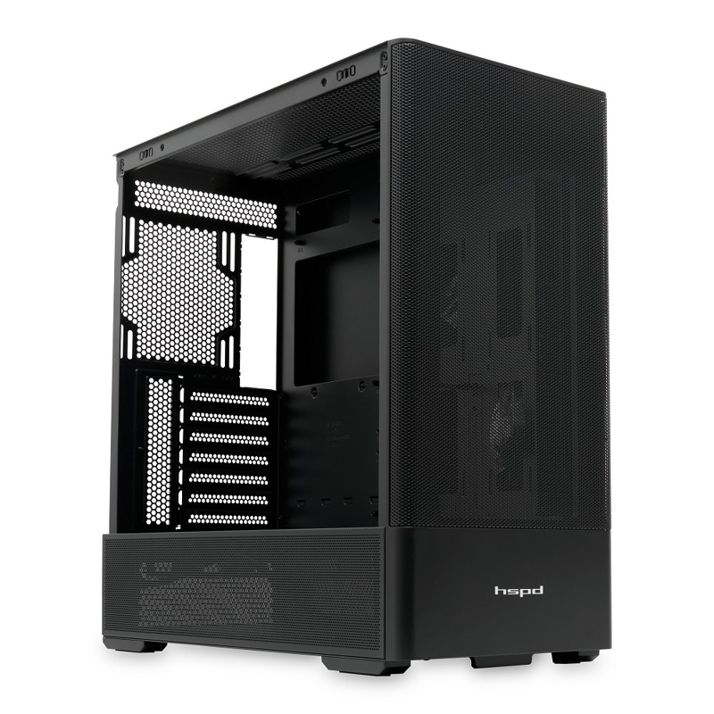 Корпус HSPD M712, Mesh Mid Tower, Black, TG, 0.6 SPCC, no fans, E-ATX, ATX, mATX, mITX, 175/410/160m