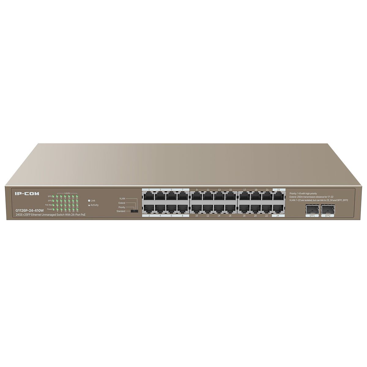 Коммутатор IP-COM G1126P-24-410W Коммутатор неуправляемый PoE, 24 порта 24x1 Гбит/с, SFP 2x1 Гбит/с,
