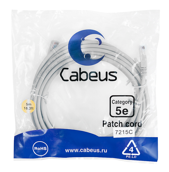 Патч-корд Cabeus PC-UTP-RJ45-Cat.5e-5m Патч-корд U/UTP, категория 5е, 2xRJ45/8p8c, неэкранированный,