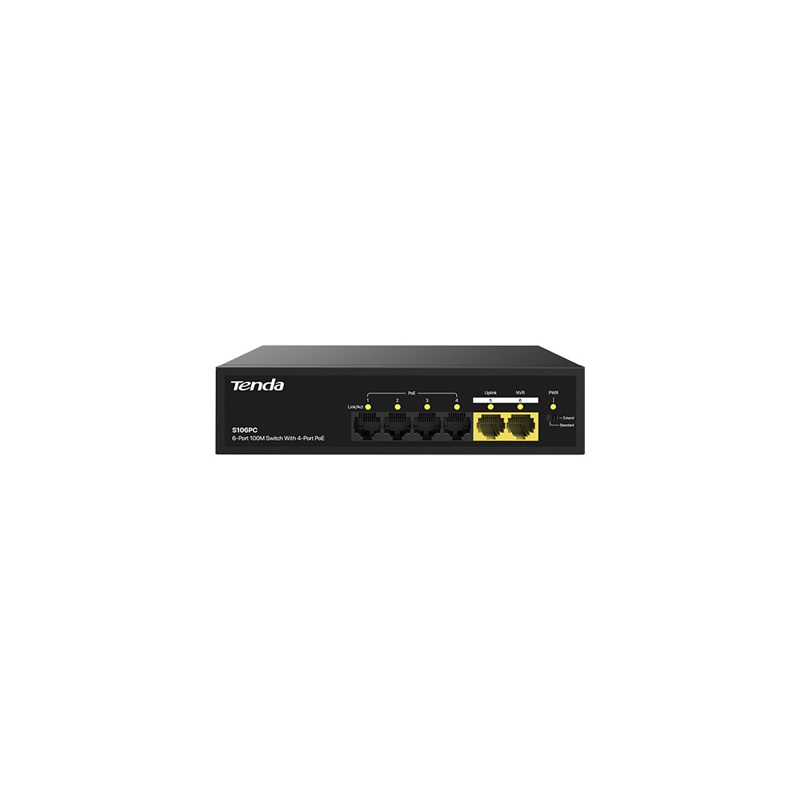 Коммутатор Tenda S106PC Коммутатор неуправляемый PoE, 6 портов 5x100 Мбит/с, PoE 4х до 30 Вт, настол