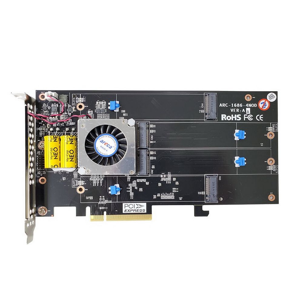 RAID-контроллер Areca ARC-1686-4NOD PCIe 4.0 x8 Full Height, 4 x M.2 Connector, Tri-mode interface at each M.2 bays - 12Gb/s SAS/SATA / Gen 4.0 PCIe (NVMe), RAID 0,1,10,JBOD, Hold-up Supercapacitor Onboard, RTL