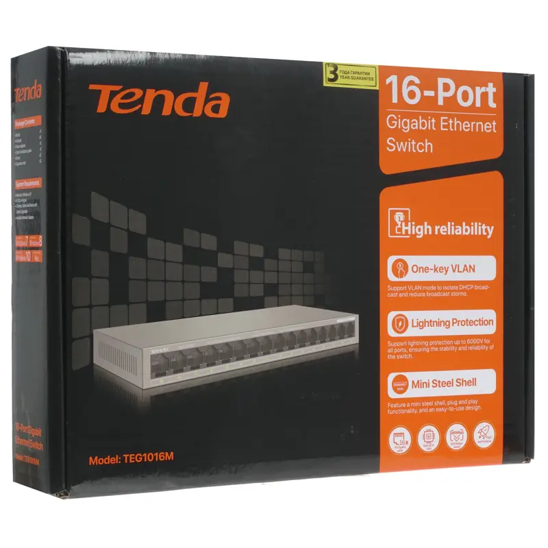 Коммутатор Tenda TEG1016M Коммутатор неуправляемый, 16 портов 16x1 Гбит/с, настольный, металлический