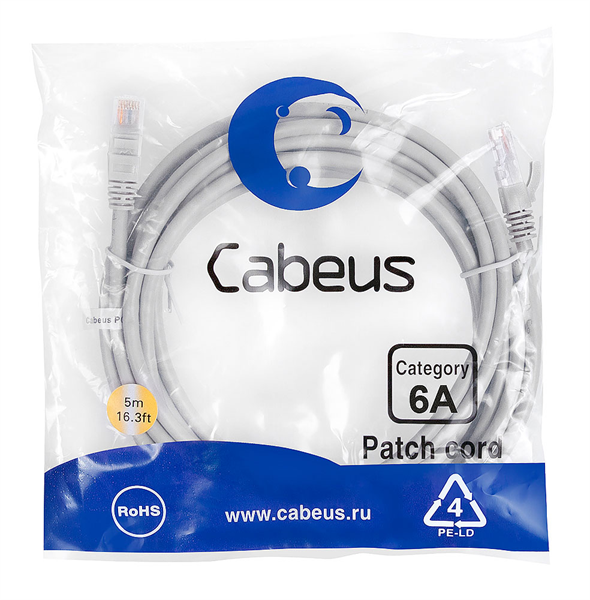 Патч-корд U/UTP, категория 6а (10G), 2xRJ45/8p8c, LSZH, 5м Cabeus PC-UTP-RJ45-Cat.6a-5m-LSZH Патч-ко