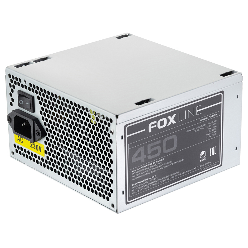 Блок питания Foxline, 450W, ATX, NOPFC, 120FAN, 2xSATA, 2xPATA, 1xFDD, 24+4