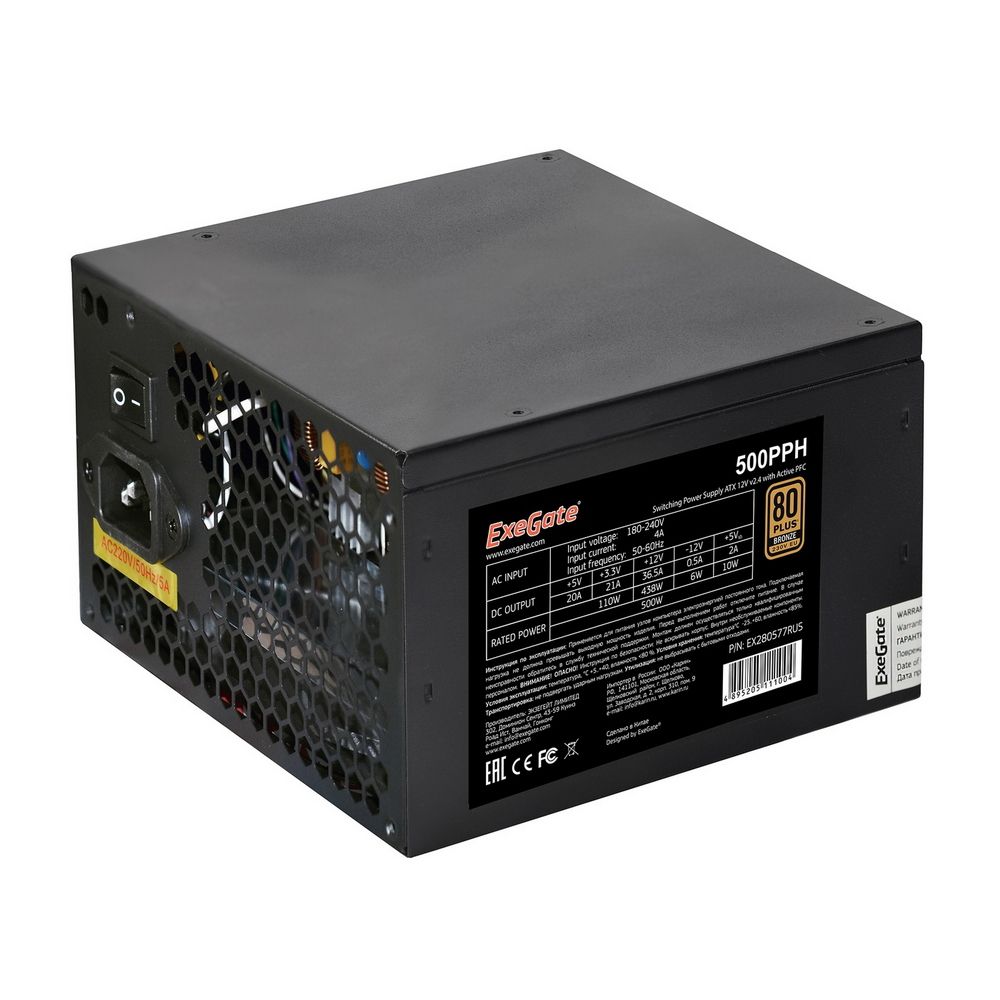 Блок питания 500W ExeGate 80 PLUS® Bronze 500PPH (ATX, APFC, КПД 88% (80 PLUS Bronze), 12cm fan, 24p