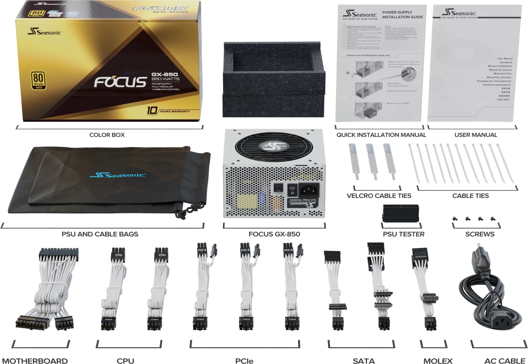 Блок питания Seasonic ATX 850W Focus GX-850 Gen.5 WHITE 80+ gold (20+4pin) APFC 135mm fan 8xSATA Cab