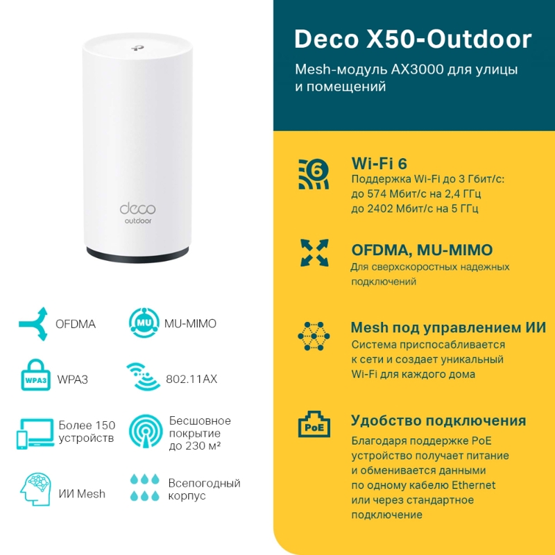 Бесшовный Mesh роутер TP-Link Deco X50-Outdoor(1-pack) AX3000 1000BASE-T белый