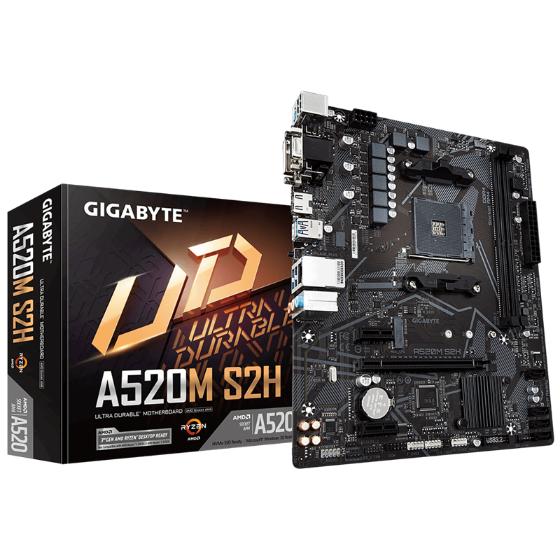 Материнская плата Gigabyte A520M S2H Soc-AM4 AMD A520 2xDDR4 mATX AC`97 8ch(7.1) GbLAN RAID+VGA+DVI+