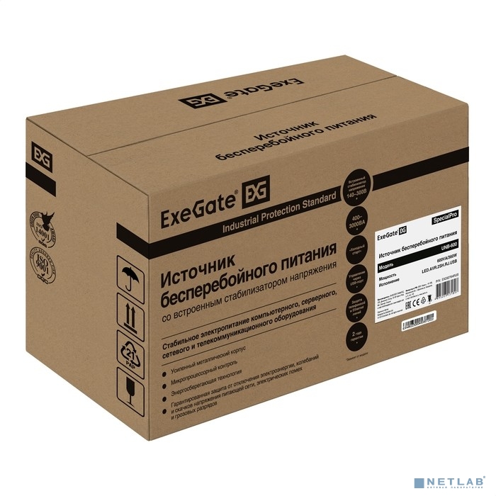 Exegate EX292764RUS ИБП ExeGate SpecialPro UNB-600.LED.AVR.2SH.RJ.USB <600VA/360W, LED, AVR, 2*Schuk