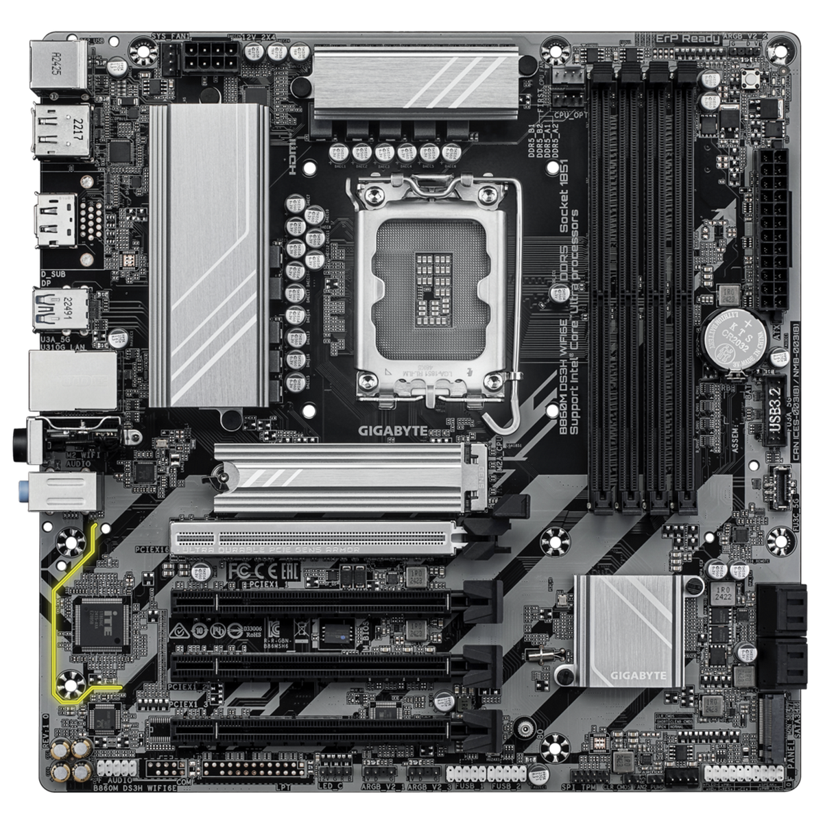 Материнская плата GIGABYTE B860M DS3H WIFI6E, LGA1851, B860, 4*DDR5, 4*SATA, 2*M.2,USB 3.2, 4*USB 2.