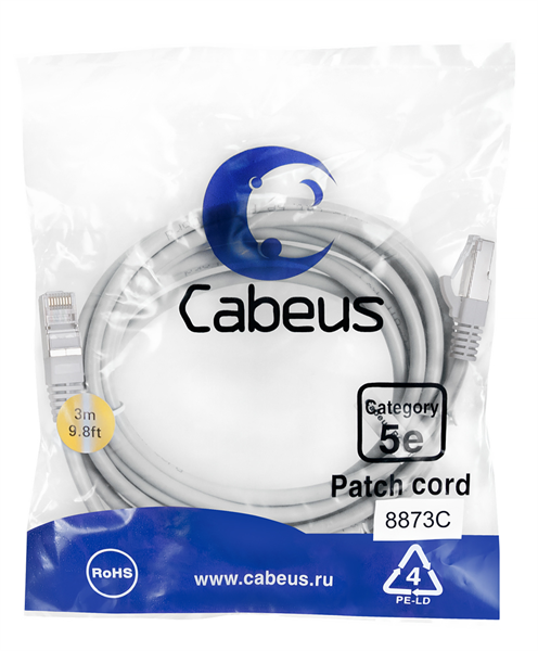 Патч-корд f/utp,категория 5е, 2xrj45/8p8c, экранированный, серый, lszh, 3м Cabeus PC-FTP-RJ45-Cat.5e