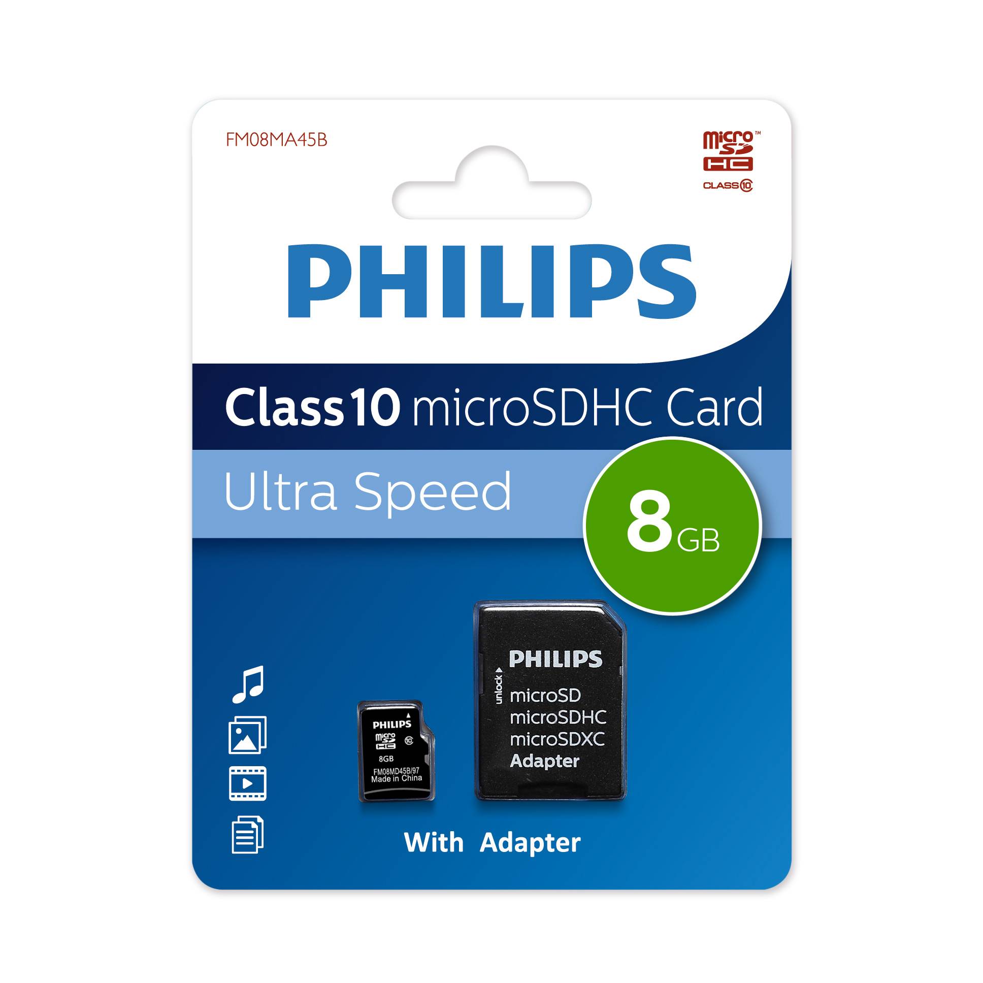 Флеш карта microSD 8GB PHILIPS microSDHC Class 10 (SD адаптер)