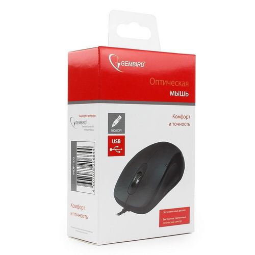 Мышь Gembird MOP-100, USB, черный, 2 кнопки+колесо кнопка, 1000 DPI, кабель 1.45м , (206844)