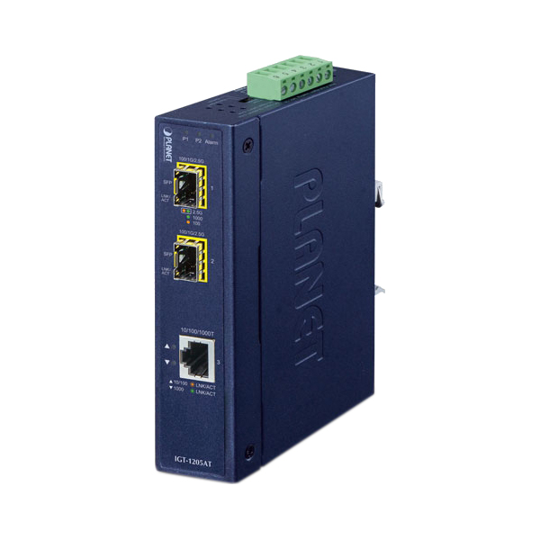 медиа конвертер PLANET IP30 Industrial 10 100 1000T to 2-Port 100 1000X SFP Gigabit Media Converter (-40 to 75 degree C) IGT-1205AT