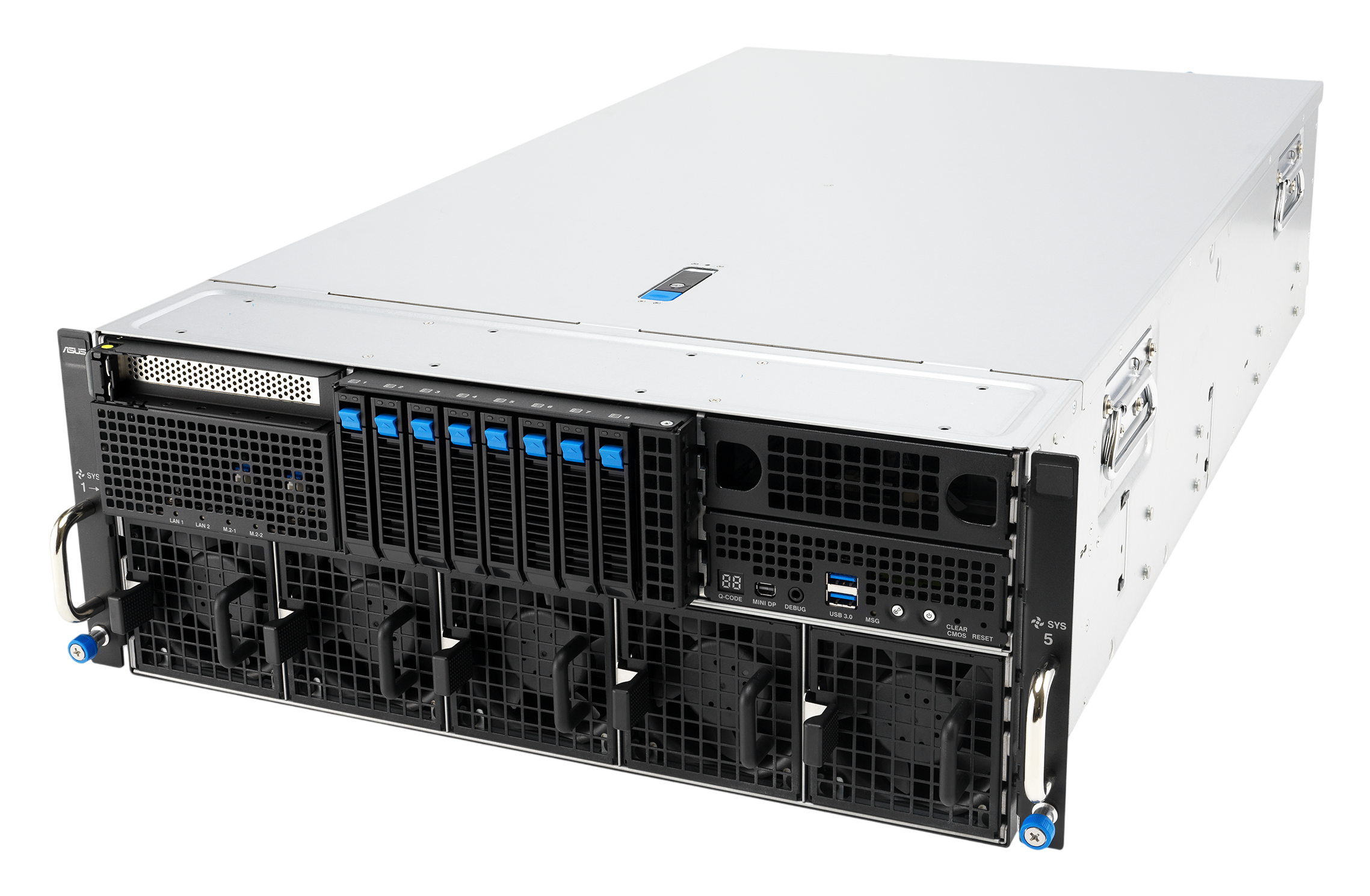 Серверная платформа/ ASUS ESC8000A-E13X, 4U, 2x SP5 (LGA 6096) up to 500W, 24x DDR5 6400, 8x 2.5'' hs NVMe, 2xM.2 PCIe Gen5, up to 10x PCIe (8 for GPU), 8x400Gbps ports (QSFP, ConnectX®-8), 2-port 10Gbe RJ-45 Intel 710 LAN, 3+1 3200W