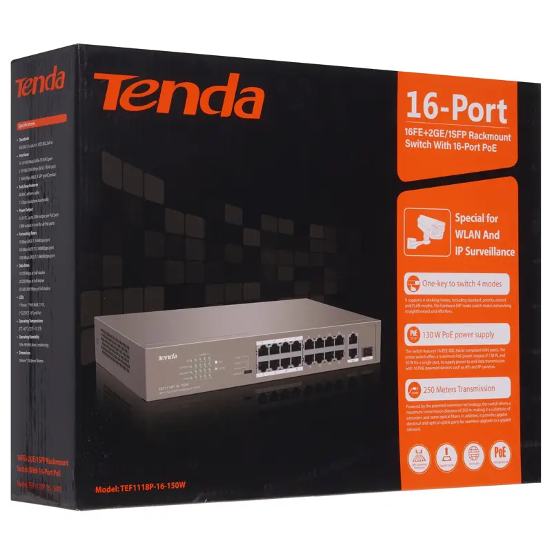 Коммутатор Tenda TEF1118P-16-150W (L2) 16x100Мбит/с 2x1Гбит/с 1SFP 16PoE 130W неуправляемый