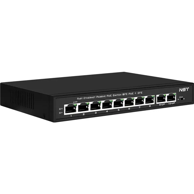 Passive PoE коммутатор Fast Ethernet на 10 портов. Порты: 8 х FE (10/100 Base-T, 52V 4,5(+) 7,8(–)) 