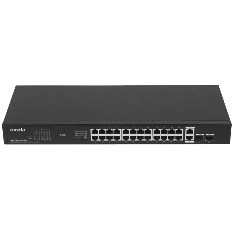 Коммутатор Tenda TEG1128P-24-250W (L2) 26x1Гбит/с 2SFP 24PoE 230W неуправляемый