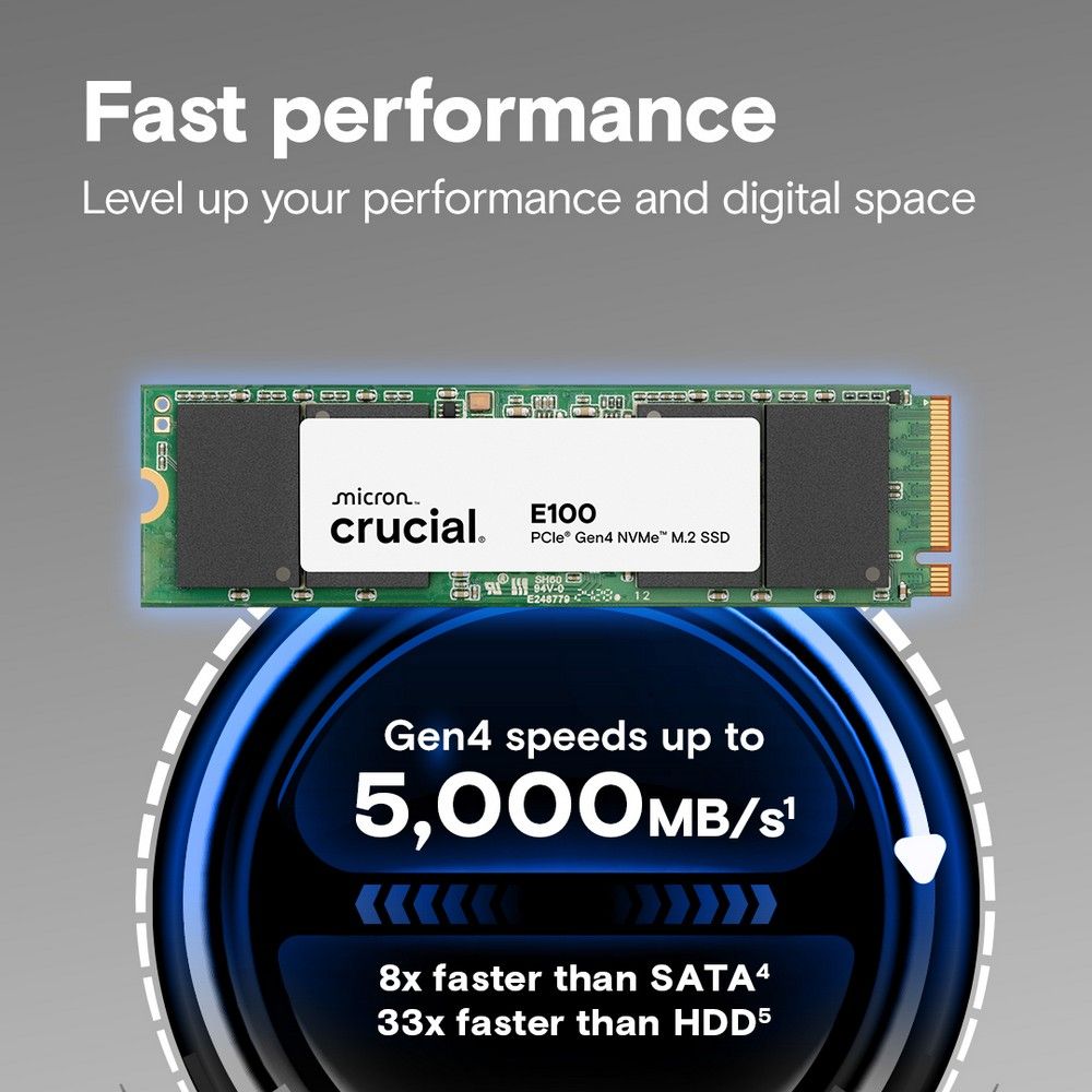 Твердотельный диск 2TB Crucial E100 M.2, M.2 2280, PCI-E 4x4 [R/W - 5000/4500 MB/s]