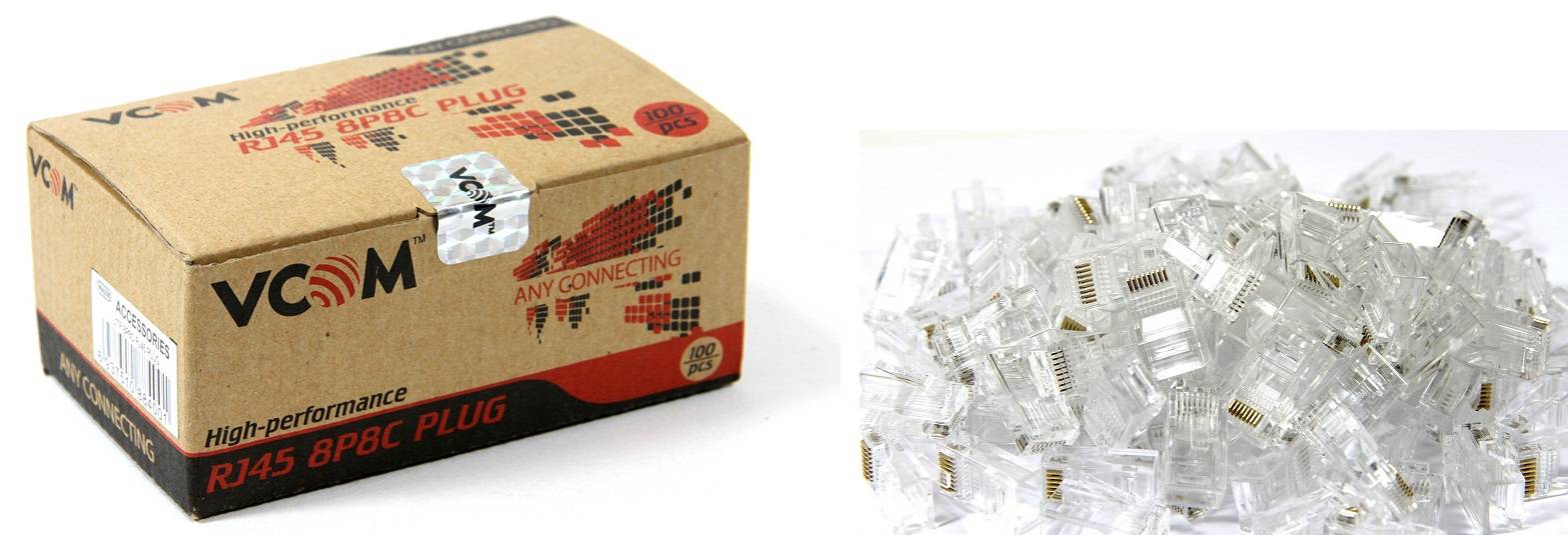 Коннекторы RJ-45 для UTP кабеля 5 кат, 8P8C_PLUG, (100шт./уп.), VCOM.