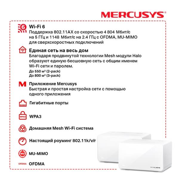 Домашняя Mesh система Mercusys Halo H90X(2-pack) AX6000