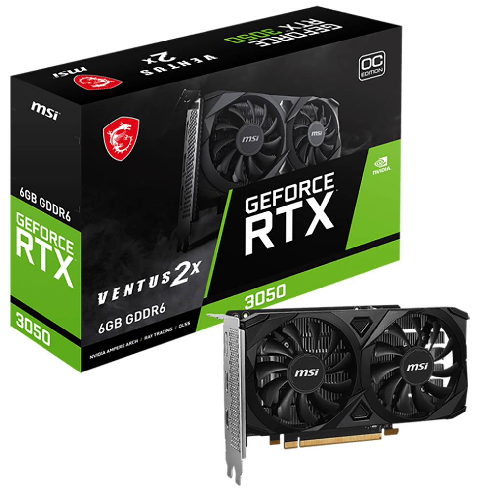 Видеокарта MSI PCI-E 4.0 RTX 3050 VENTUS 2X E 6G OC NVIDIA GeForce RTX 3050 6Gb 96bit GDDR6 1492/140