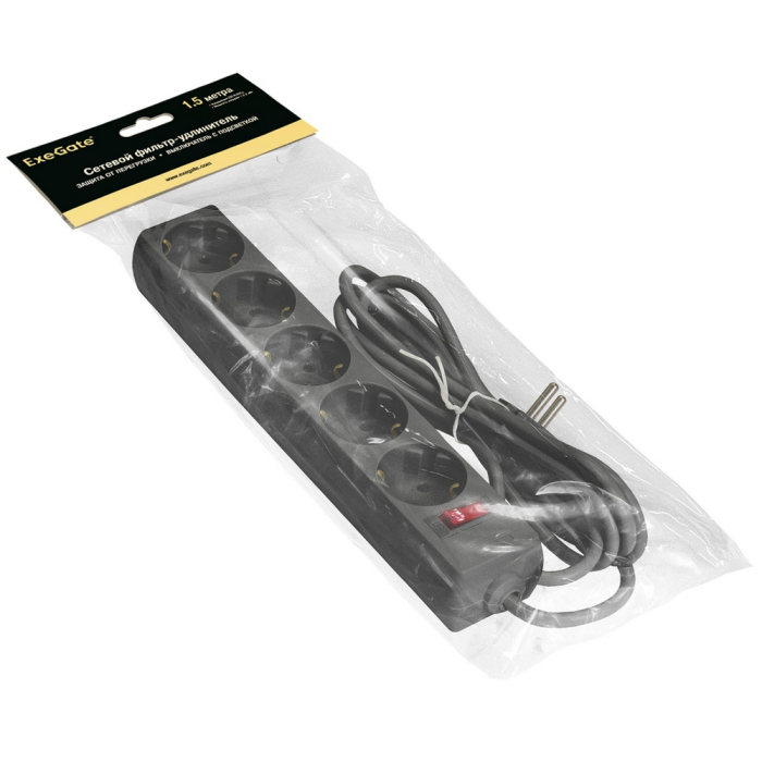 Сетевой фильтр ExeGate SP-5-1.5B й фильтр ExeGate SP-5-1.5B (5 евророзетки с заземлением, 1.5м, защи