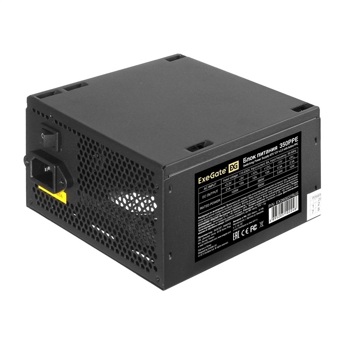 Блок питания 350W ExeGate 350PPE-PC (ATX, APFC+Dual Forward, PC, КПД 82% (80 PLUS), 12cm silent fan, 24pin, (4+4)pin, PCI-E, 5xSATA, 3xIDE, black, кабель 220V в комплекте 1,8м)