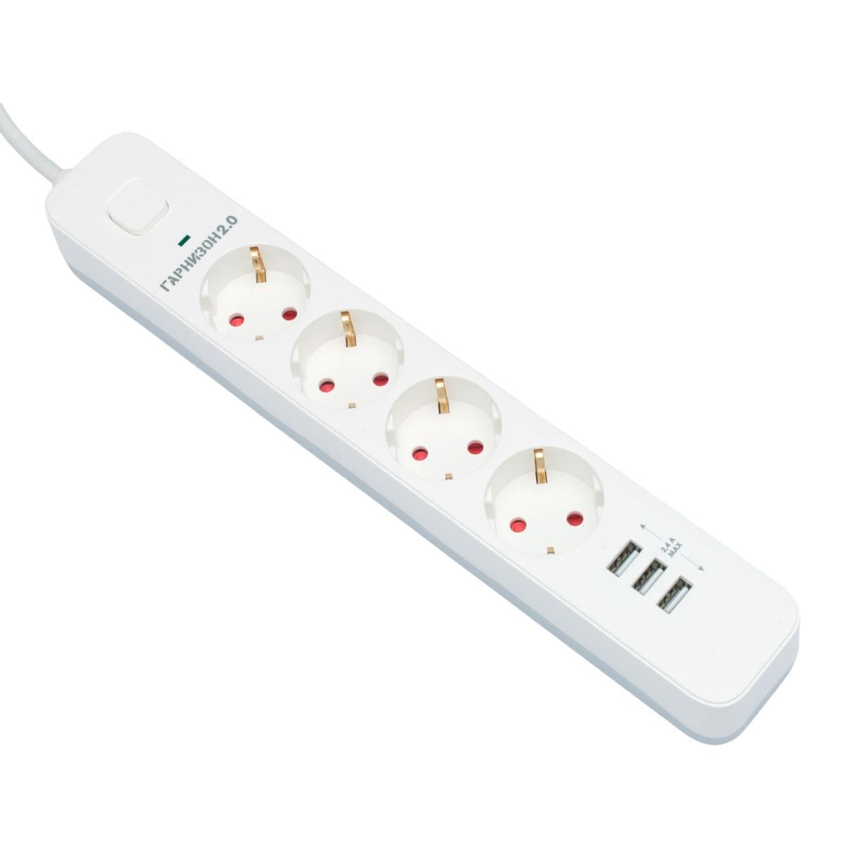 Гарнизон Сетевой фильтр 2.0 EPS-4-U3-W-2  Мультипорт, 4р, 10А, 3xUSB, 2м, ур.защиты 2+, белый, пакет
