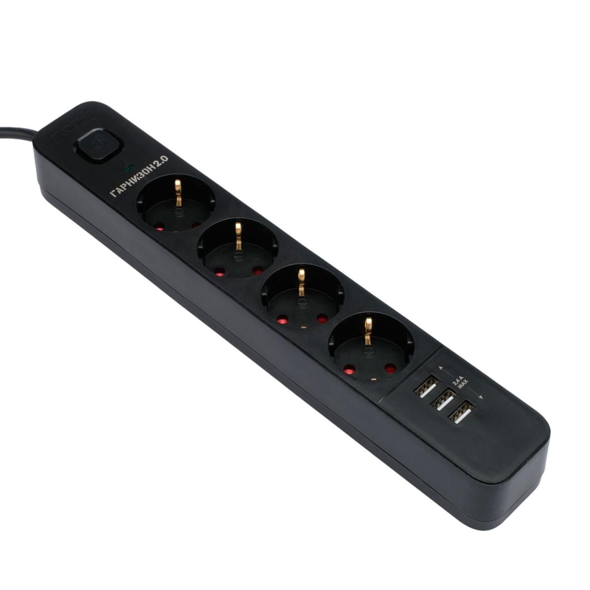 Гарнизон Сетевой фильтр 2.0 EPS-4-U3-B-2 Мультипорт, 4р, 10А, 3xUSB, 2м, ур.защиты 2+, черный, пакет