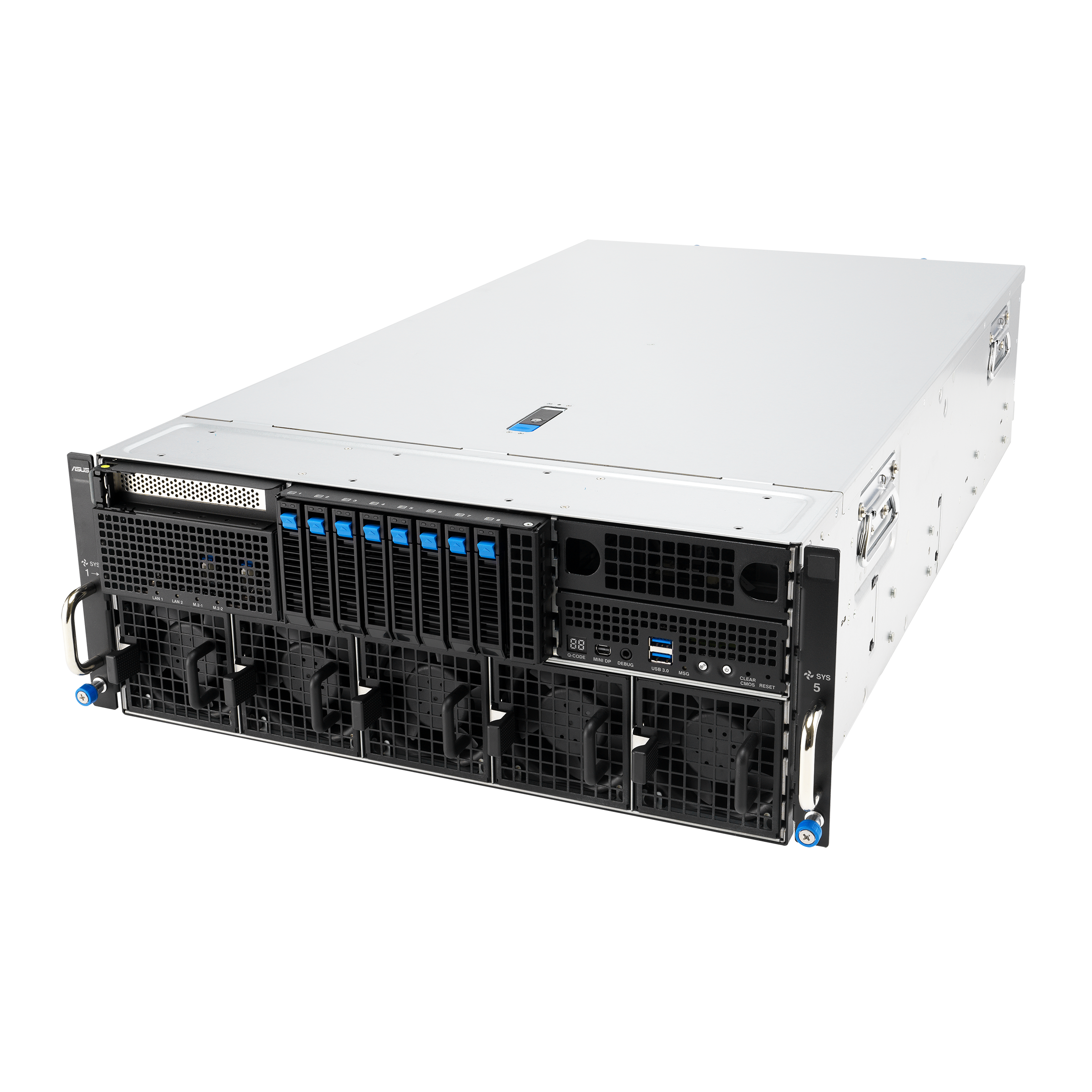 Серверная платформа/ ASUS ESC8000-E12P, 4U, 2 x LGA4710 350W, 32x DDR5 6400, 8 x 2.5" hsb NVMe, 2x M.2 (Gen 5 x4 22110), 8x PCIe x16 for dual-slot GPU, 5x PCIe x16 for NIC/ BlueField-3, 1x PCIex 16, 2x 10GbE LAN (RJ45, X710-AT2), 3+1 3200W