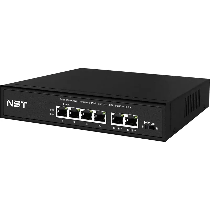 Passive PoE коммутатор Fast Ethernet на 6 портов. Порты: 4 х FE (10/100 Base-T, 52V 4,5(+) 7,8(–)) с