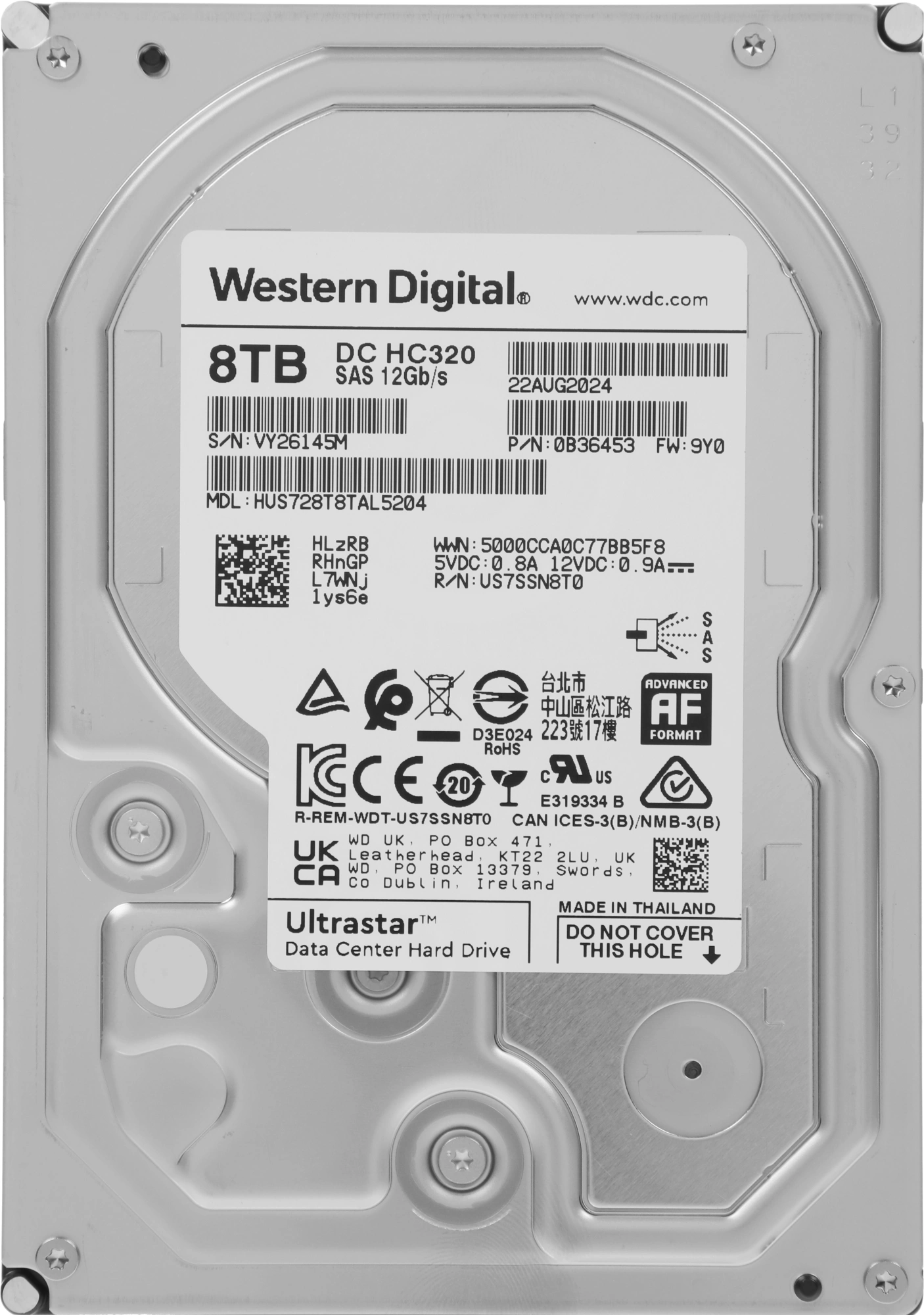 Жесткий диск WD SAS 3.0 8TB 0B36453 HUS728T8TAL5204 Server Ultrastar DC HC320 512E (7200rpm) 256Mb 3
