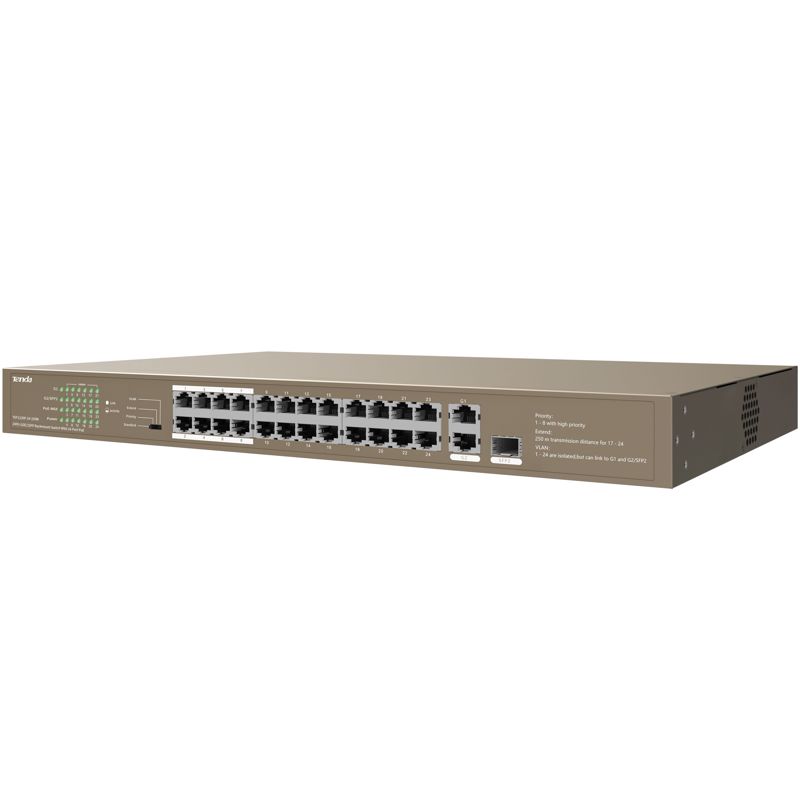 Коммутатор Tenda TEF1126P-24-250W (L2) 24x100Мбит/с 2x1Гбит/с 1SFP 24PoE 230W неуправляемый