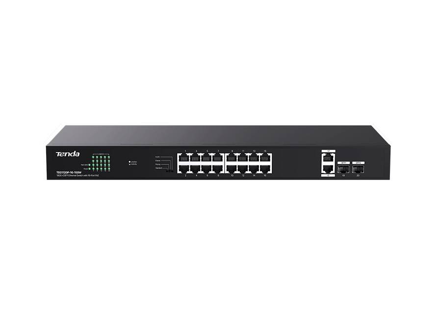 Коммутатор Tenda TEG1120P-16-150W (L2) 16x1Гбит/с 2SFP 16PoE 135W неуправляемый