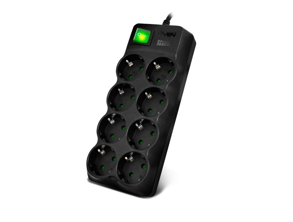 SVEN Фильтр SF-08E-16 5,0 м (8 розеток с защитными шторками,16А) черный, цветная коробка [SV-021726]