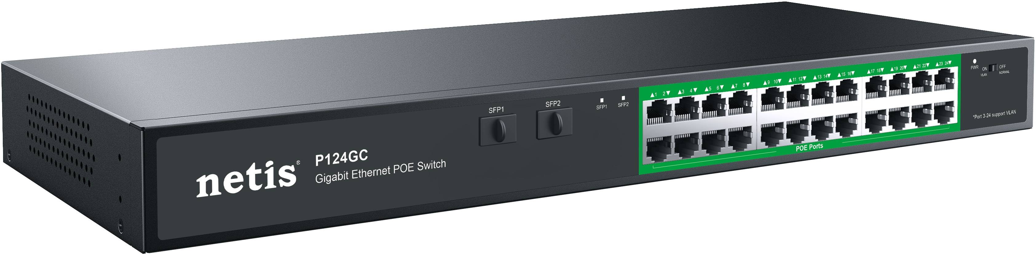 Коммутатор Netis P124GC (L2) 24x1Гбит/с 2SFP 24PoE+ 360W неуправляемый