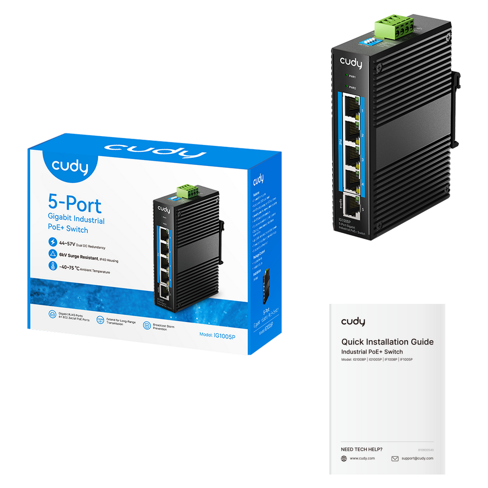 Коммутатор CUDY 5-Port Gigabit Industrial PoE Switch  5-Port Aluminum Industrial, 1000Mbps 5-Port RJ
