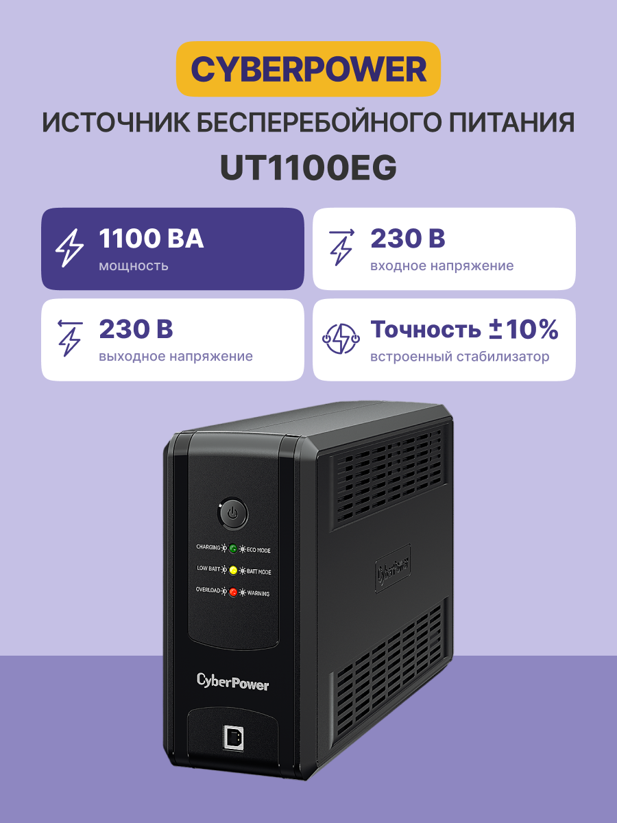 ИБП CyberPower UT1100EG Line-interactive 1100VA/660W (Euro x4, RJ11/RJ45, USB-порт 307x220x95(мм), 6