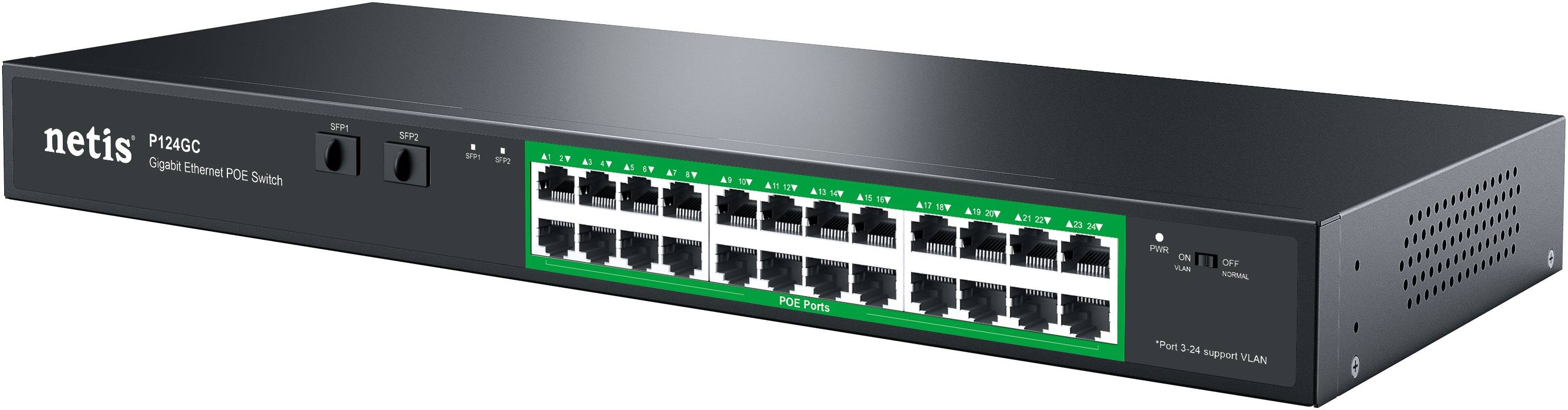 Коммутатор Netis P124GC (L2) 24x1Гбит/с 2SFP 24PoE+ 360W неуправляемый