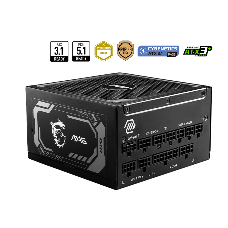 Блок питания MSI ATX 1250W MAG A1250GL Gen.5 80+ gold (20+4pin) APFC 135mm fan 12xSATA Cab Manag RTL