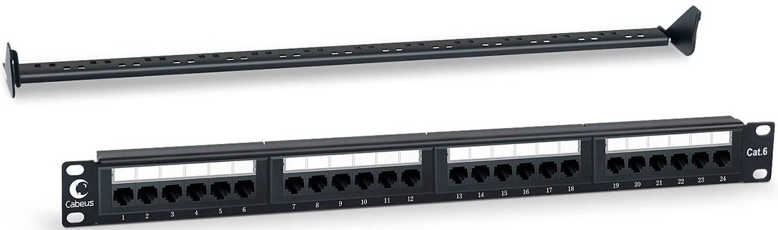 Cabeus PL-24-Cat.6-Dual IDC Патч-панель 19" (1U), 24 порта RJ-45, категория 6, Dual IDC, с задним кабельным организатором