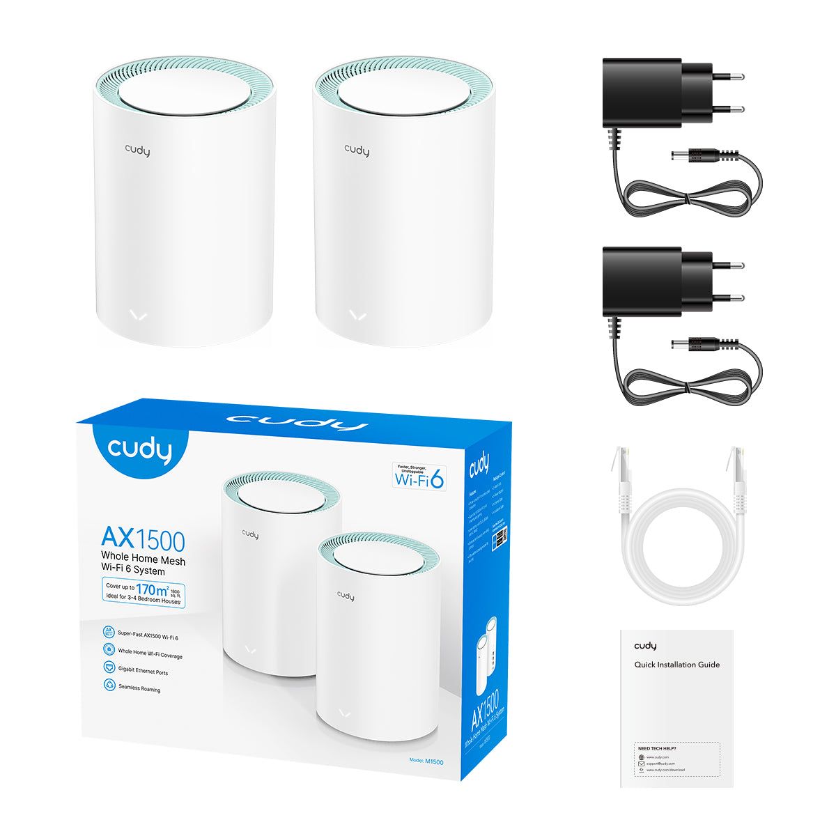 Бесшовный Mesh роутер Cudy M1500 (M1500(2-PACK)) AX1500 10/100/1000BASE-TX белый (упак.:2шт)