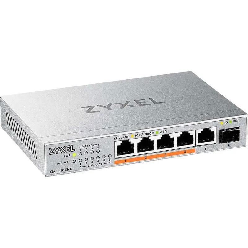 Коммутатор Zyxel XMG-105HP-EU0101F (L2) 5x2.5Гбит/с 1SFP+ 4PoE++ 70W неуправляемый