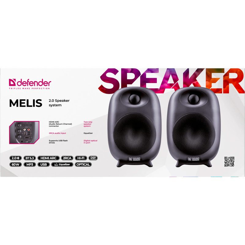Колонки Defender 2.0 Melis 60Вт, черн.,BT/USB/Opt/ARC/DSP