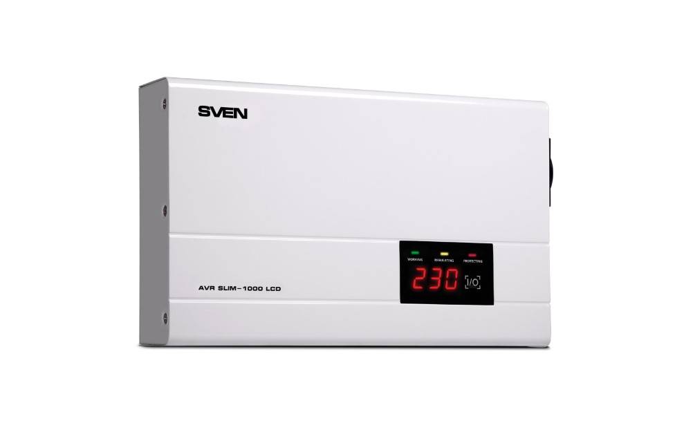 SVEN Стабилизатор  AVR SLIM-1000 LCD (800Вт,Входное 140-260В, 1*CEE7/4 розетка, настенное крепление)